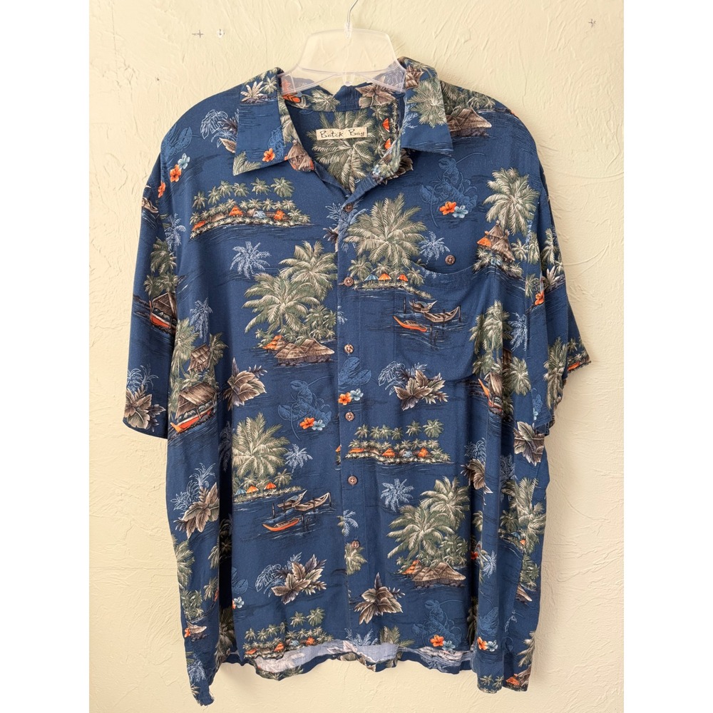 Batik Bay Mens XL Blue Tropical Palm Tree Island Scenic Aloha Camp Shirt